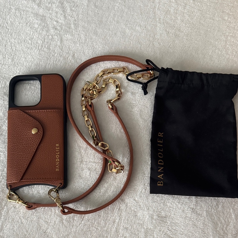 Bandolier iPhone 13 case Bandolier Tan Leather Phone Case with Gold Chain